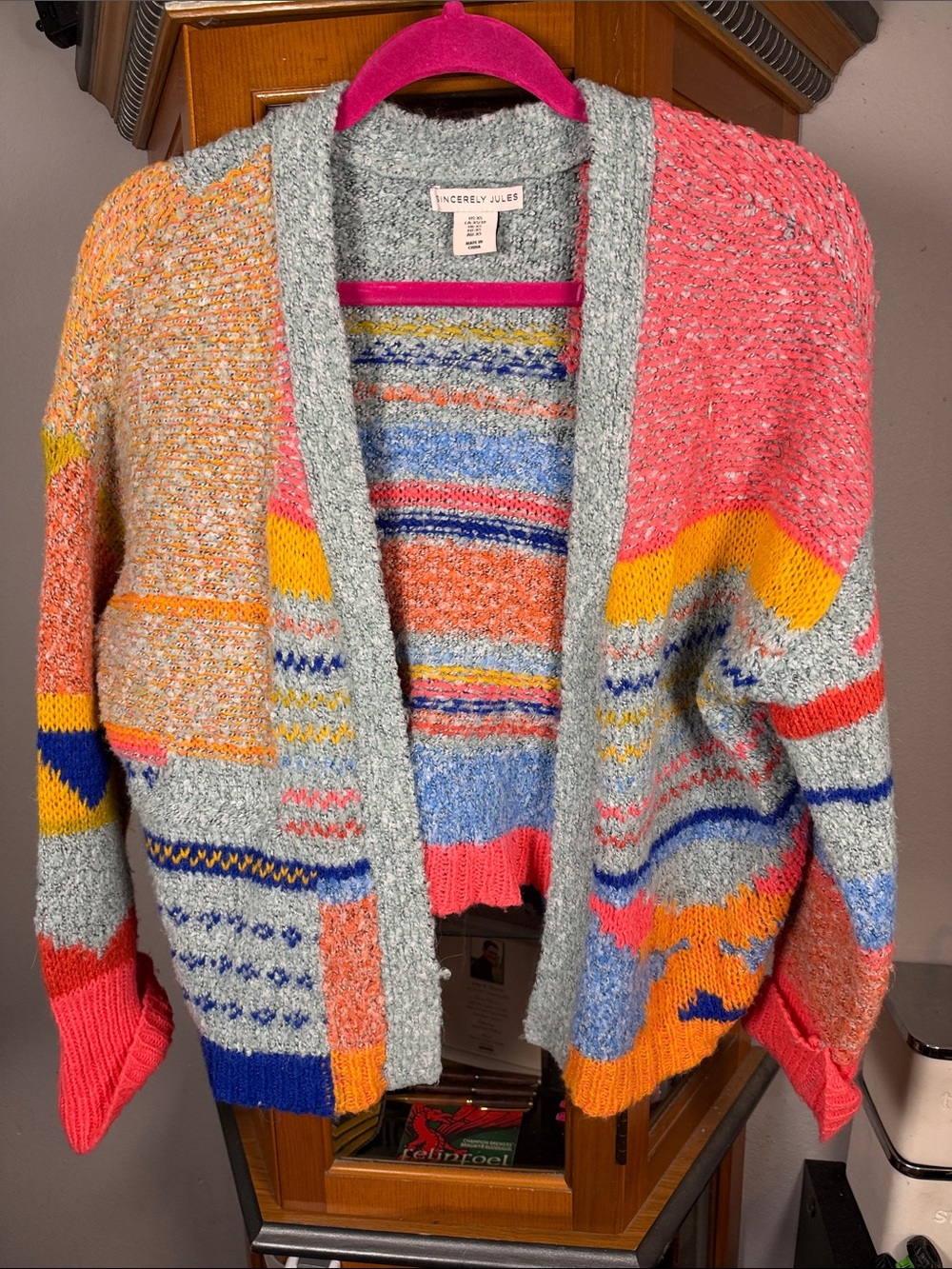 Sincerly Jules Multicolor Patchwork Knit Cardigan in Coral, Yellow, Blue, Gray